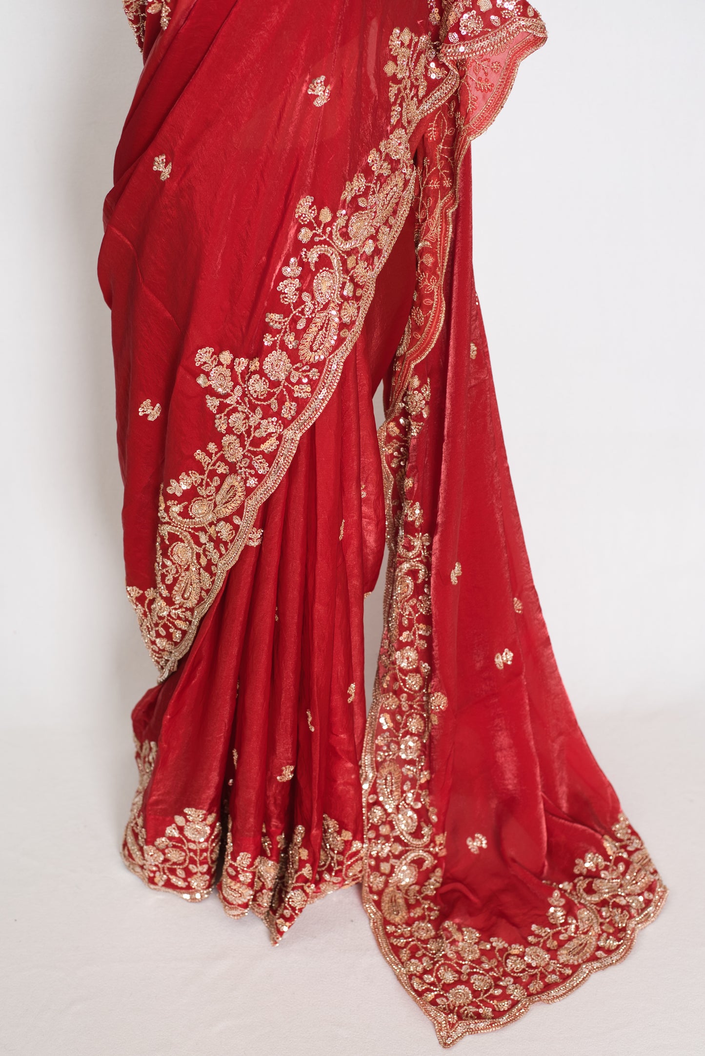 Roshni | Bright Red Tissue Saree | Pre-Stitched Size 40 Blouse image 7