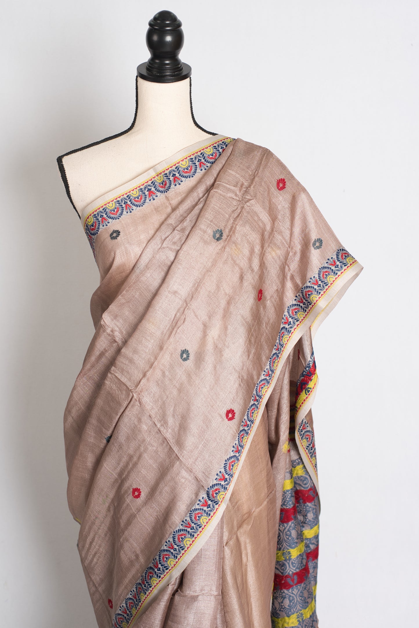 Charulata : Bengal Tussar Silk Saree in English Brown with Multicolour Buti image 5