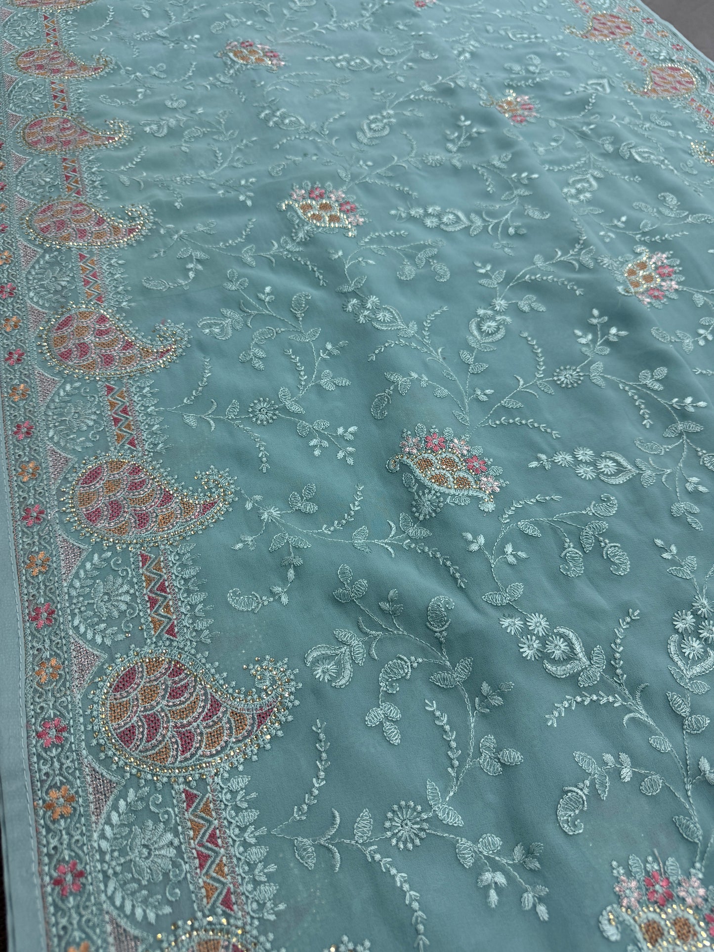 Sudha | Soft Blue Georgette Partywear Saree | Soothing Pastel Floral Embroidery image 5