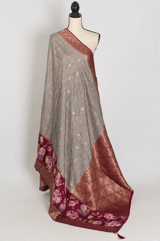 Mahi | Grey Patola & Floral Printed Dola Silk Banarasi Saree image 1