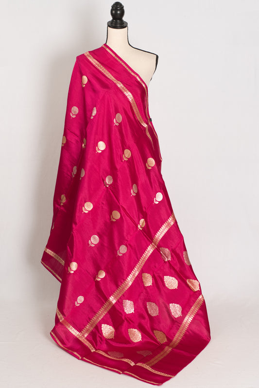 Gauri: Dark Pink Pure Katan Silk Banarasi Saree with Gold & Silver Zari Motifs image 1