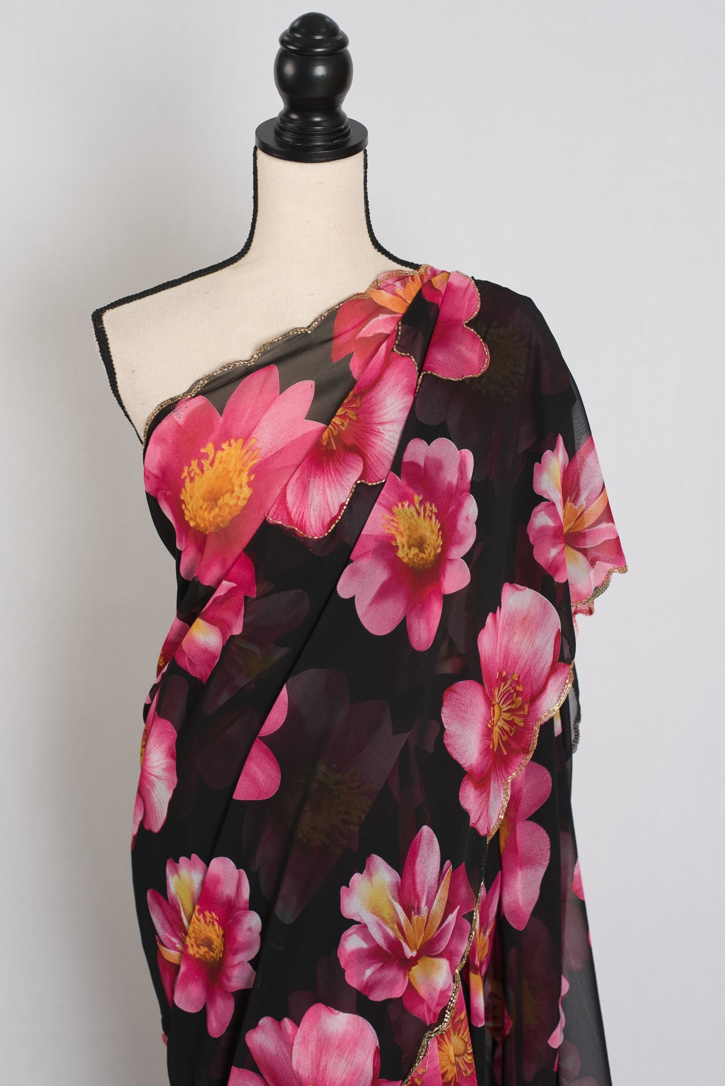 Eva : Black and Pink Floral Georgette Designer Embroidery Saree image 5