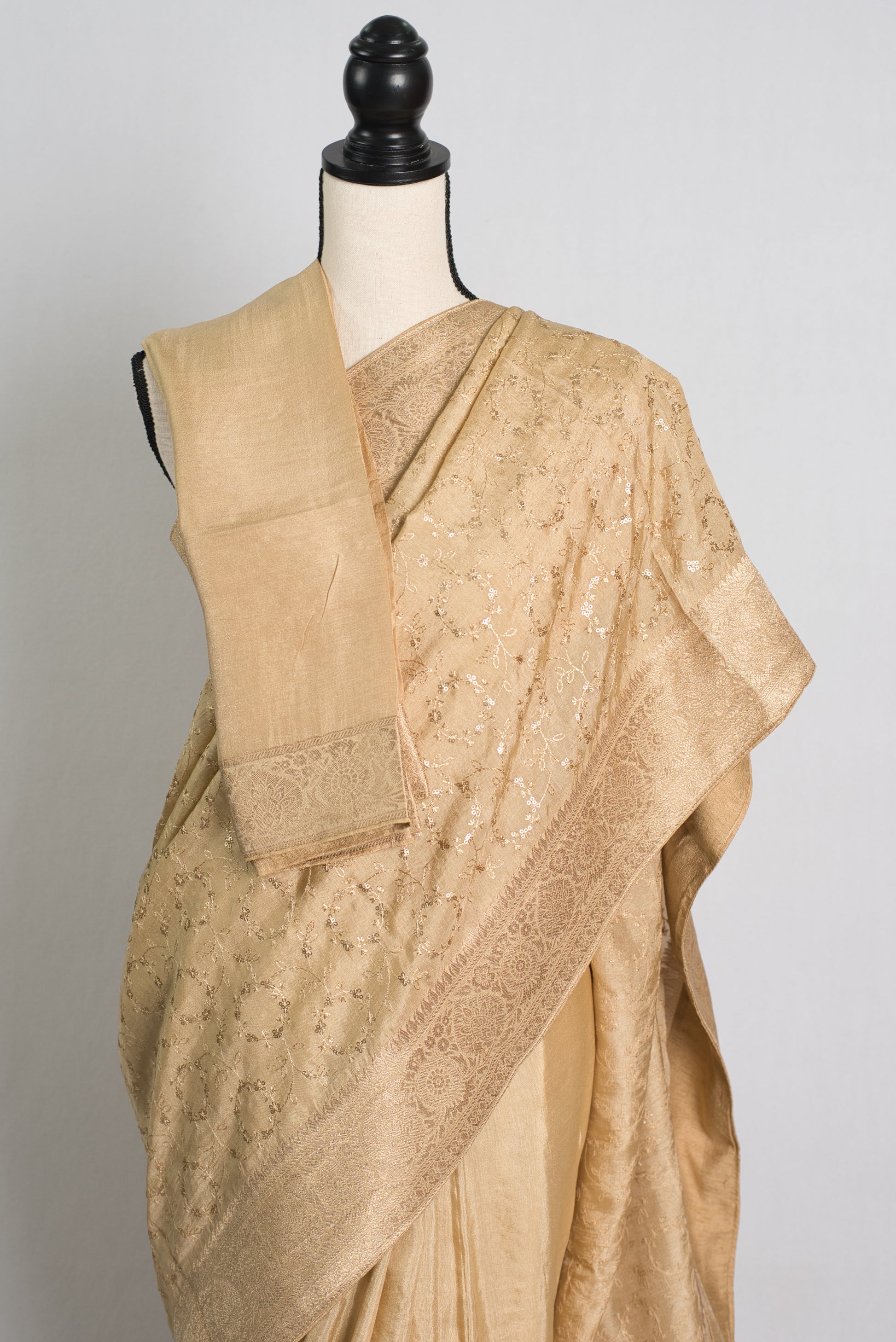 Beige and Gold Embroidery Dola Silk Cocktail Saree image 2