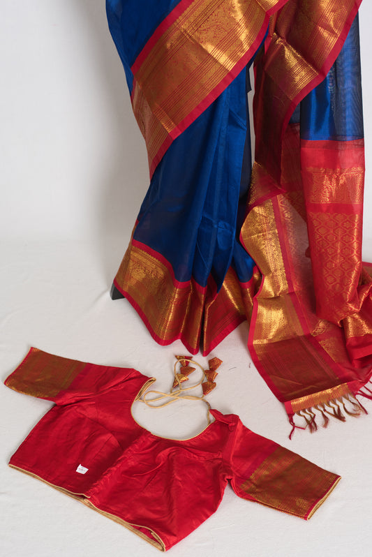Mala : Royal Blue and Red Cotton Silk Kanjivaram Saree with 38 Size Blouse image 1