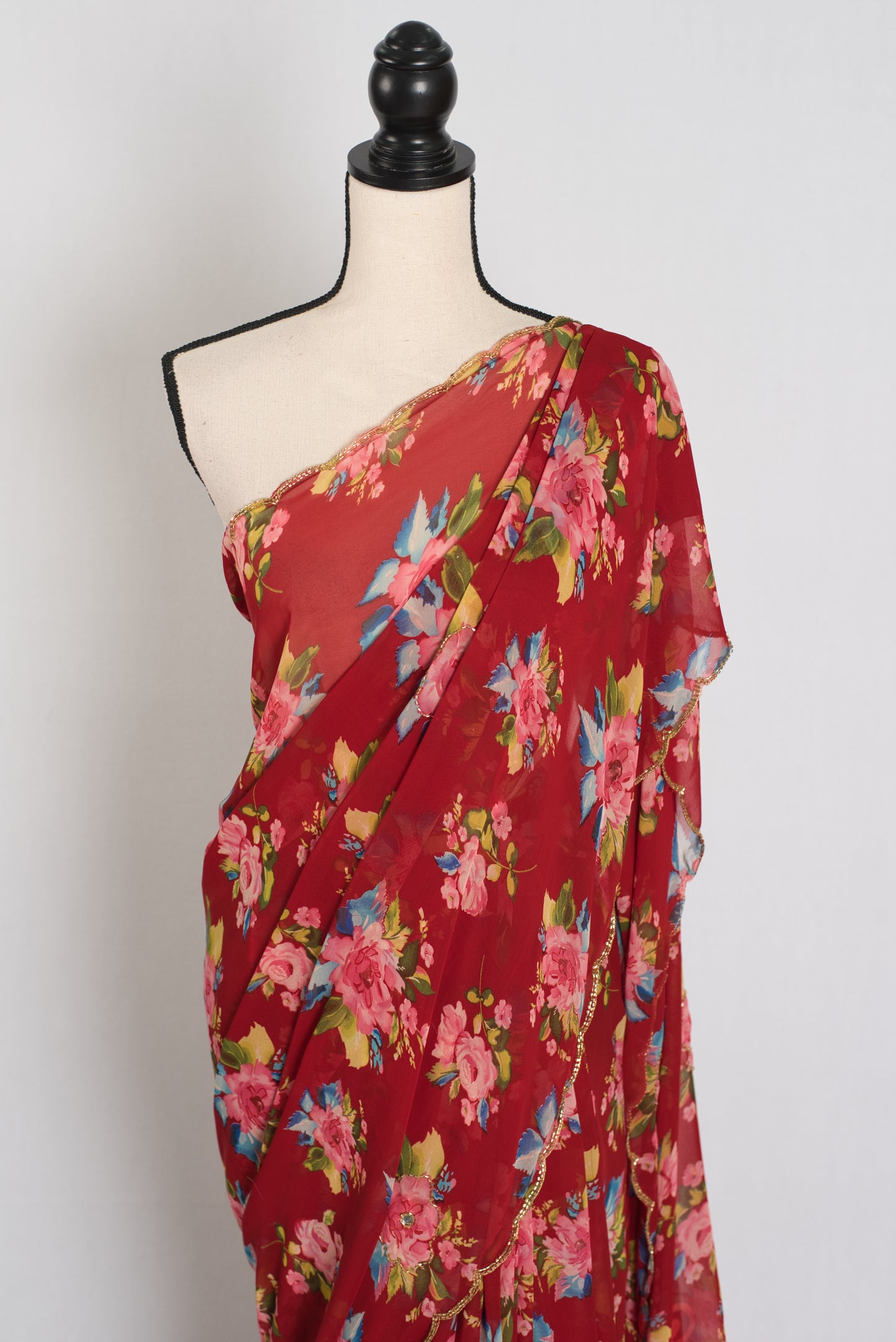 Vibha : Red Floral Georgette Designer Embroidery Saree image 5