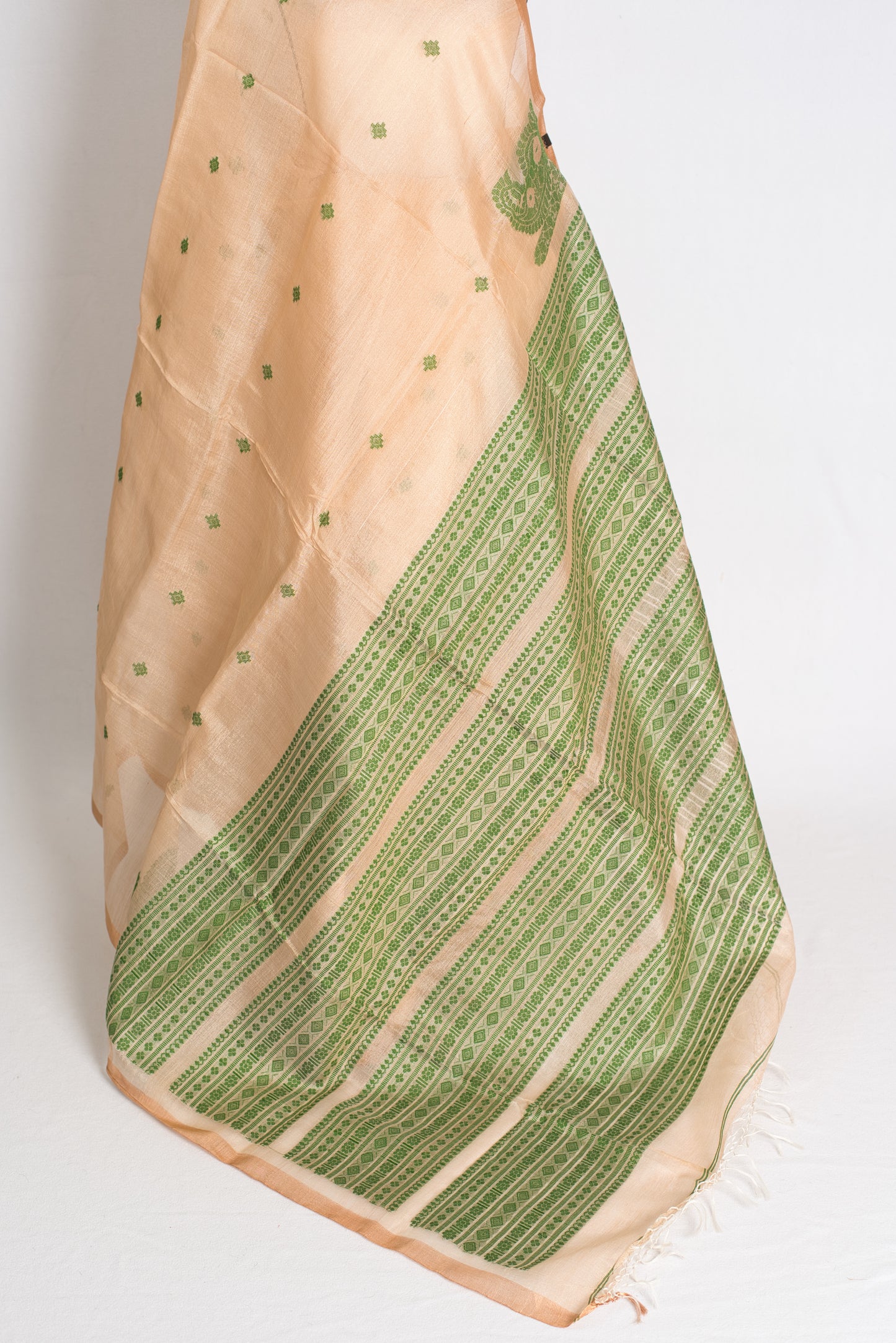 Prerna : Bengal Handloom Tussar Silk Saree in Beige and Green image 3