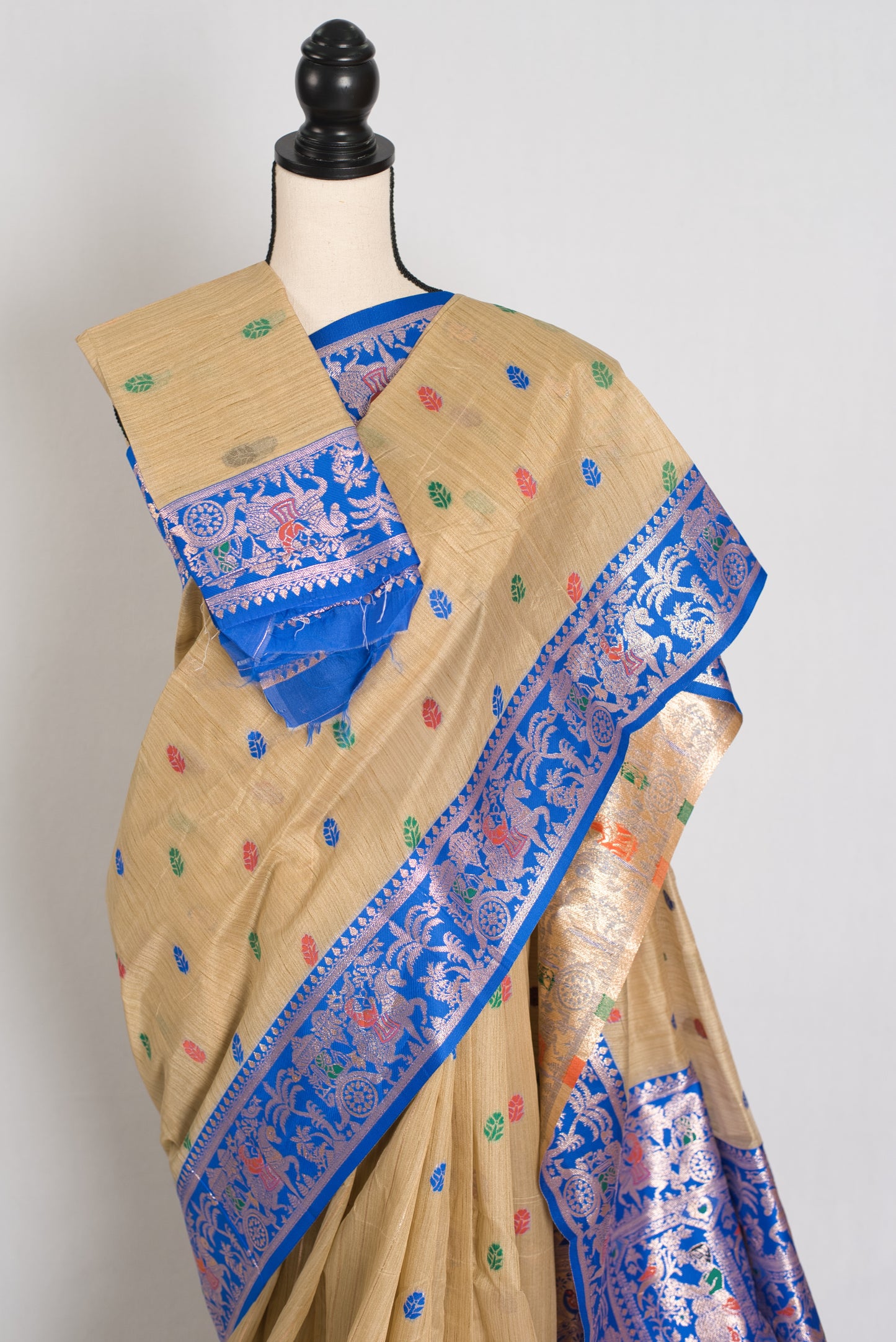 Bristi: Budget Friendly Blended Cotton Baluchari Saree in Beige and Blue image 2