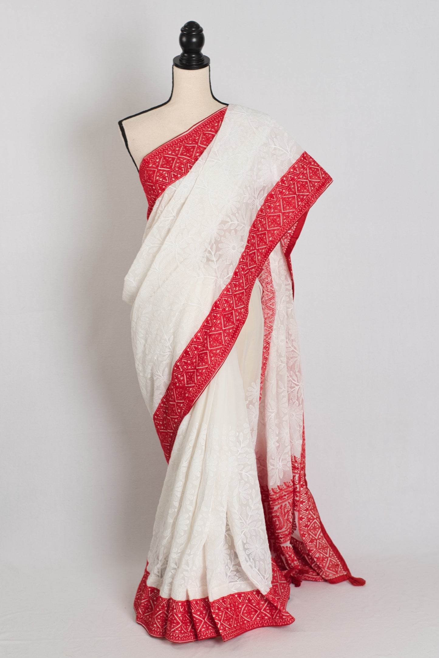 Sakuntala : White and Red Semi Georgette Embroidery Designer Saree image 0