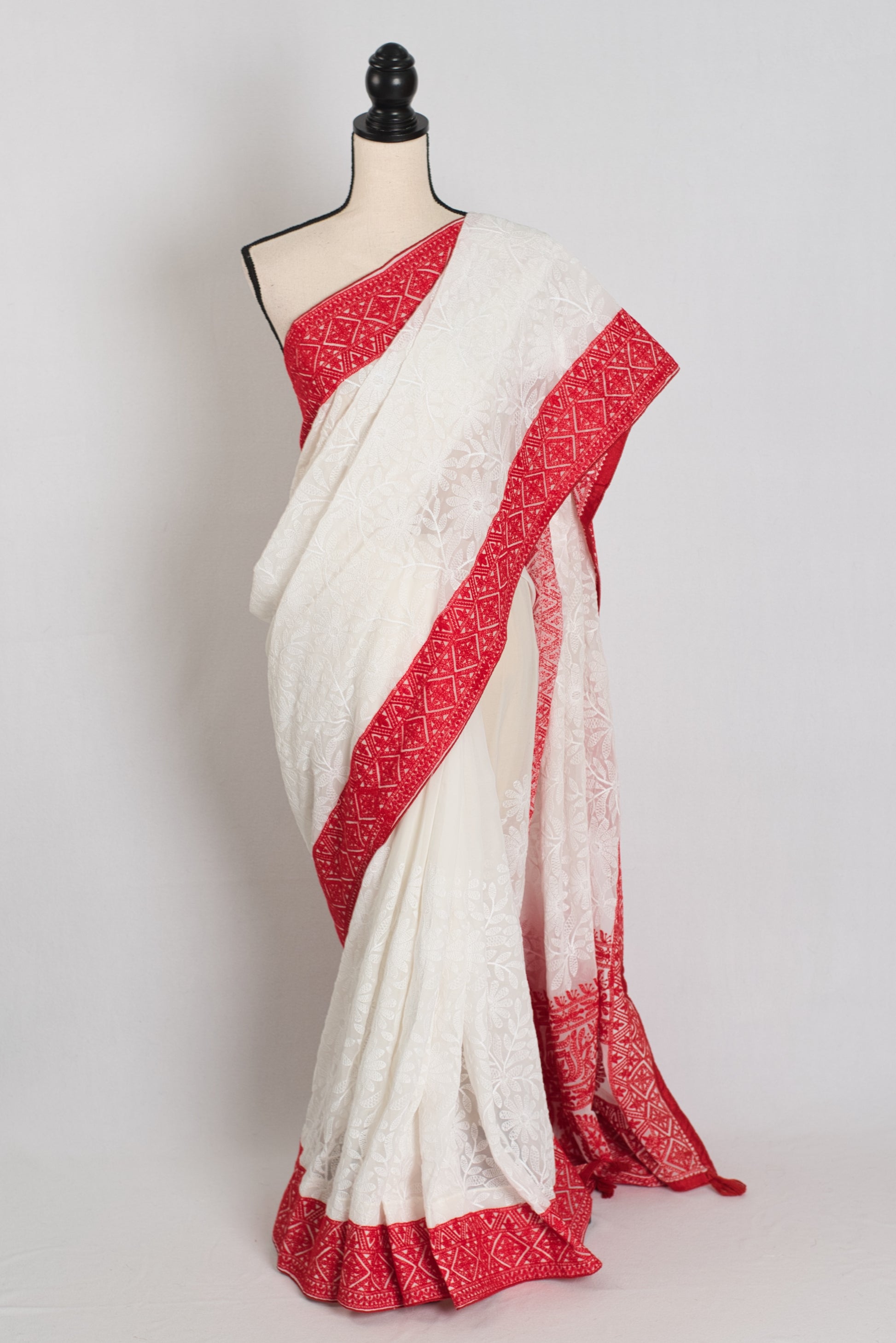 Sakuntala : White and Red Semi Georgette Embroidery Designer Saree image 0