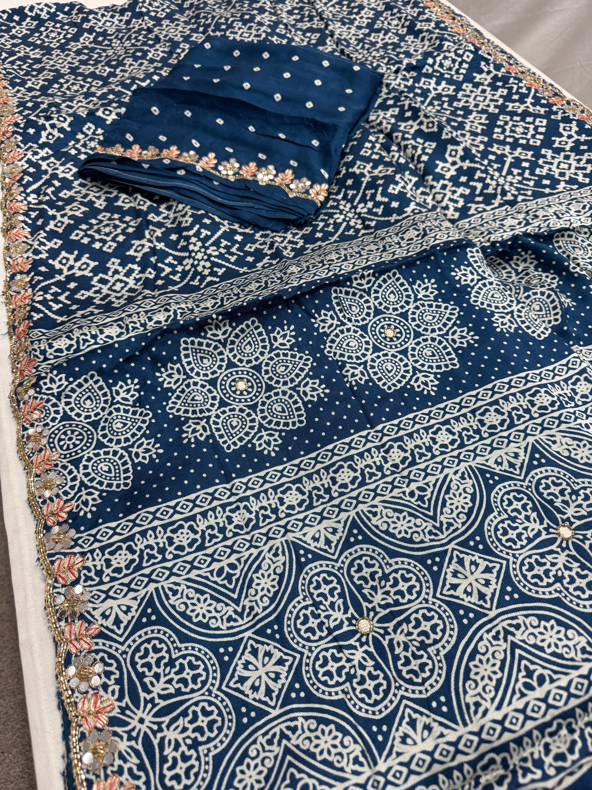 Neelima : Cobalt Blue Modal Silk Ajrakh Saree with Hand Embroidery Work image 4