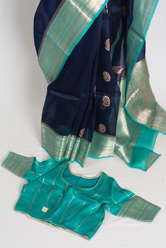 Damini : Silk Mark Certified Organza Banarasi Saree with 36 Size Stitched Blouse image 1