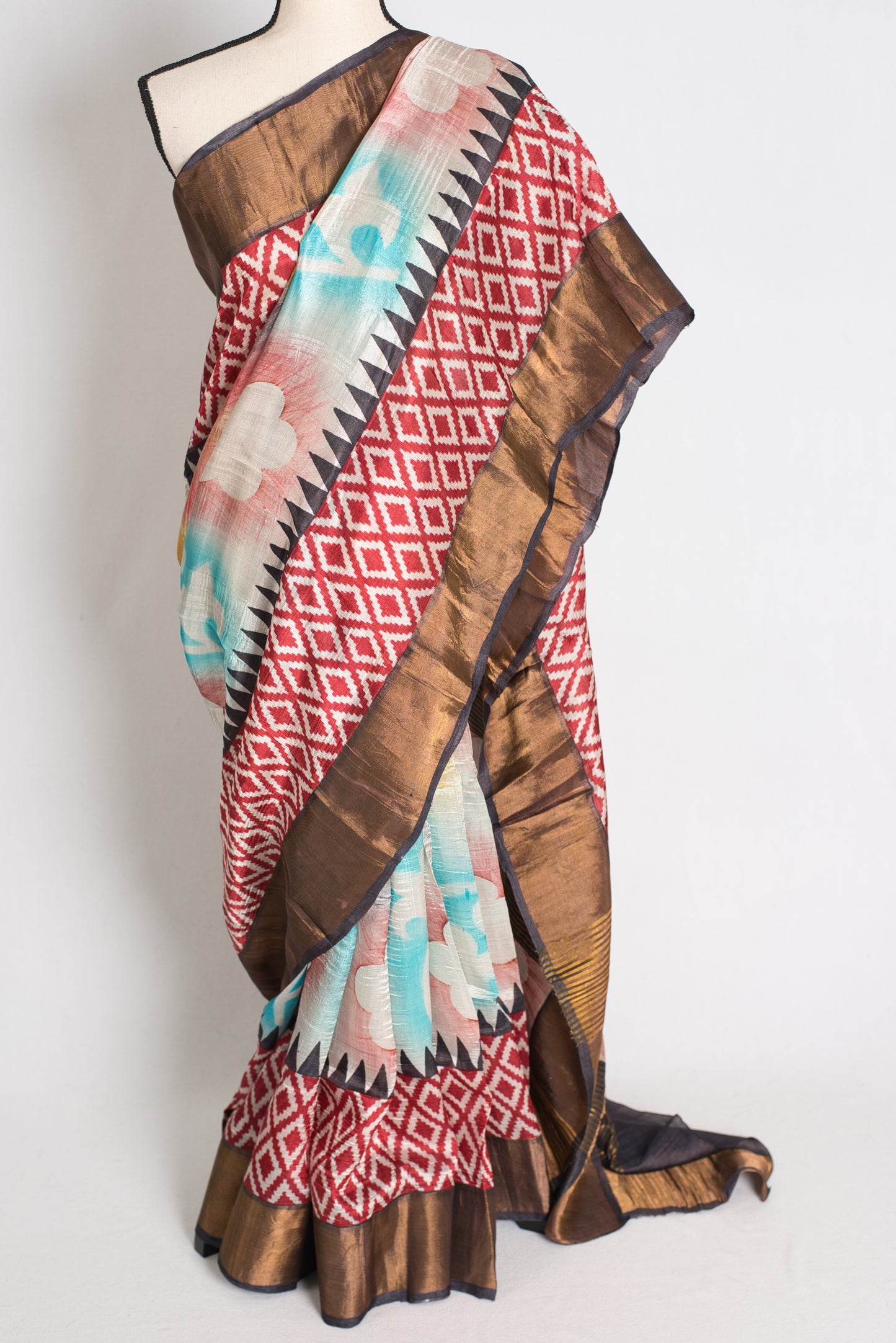 Mrinal : Hand Block Printed Matka by Tussar Silk Saree with Shibori Ikkat Print image 6