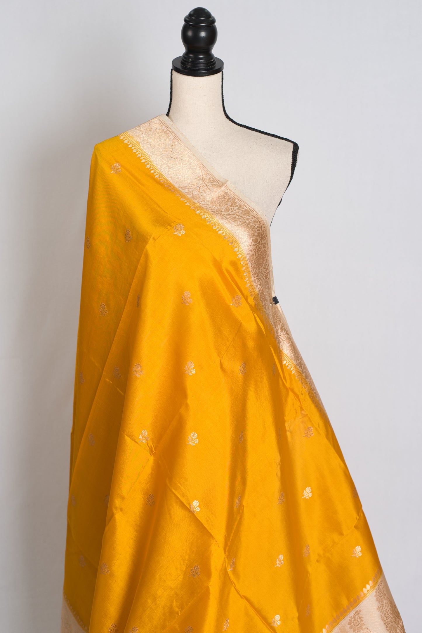 Swarnima : Silk Mark Certified Golden Yellow and Cream Satin Silk Banarasi Saree image 4