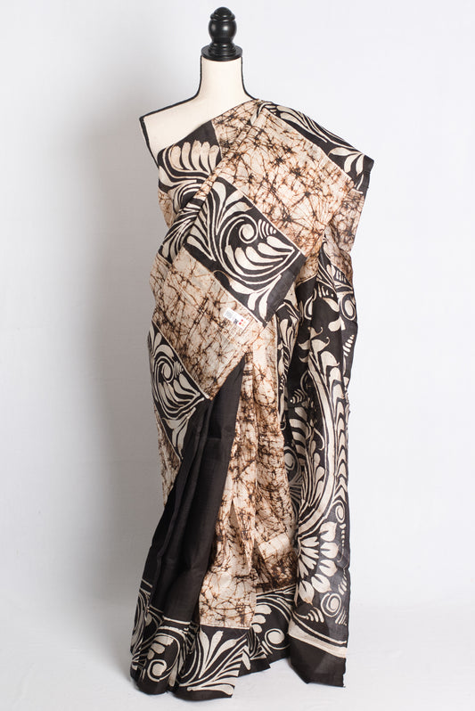 Vritti - Cream and Black Batik Handcrafted Pure Silk Saree image 0