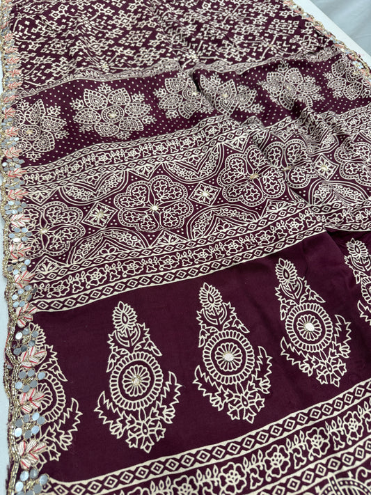 Aarthy : Maroon Modal Silk Ajrakh Saree with Hand Embroidery Work image 0