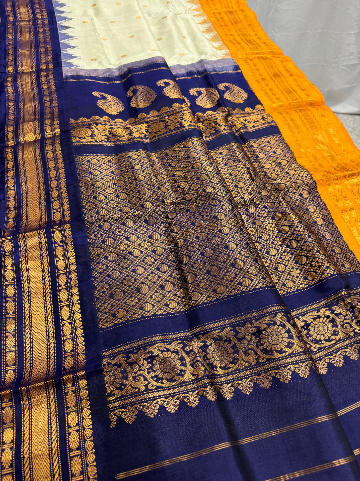 Gangavarna : Handwoven Cream Gadwal Silk Saree with Ganga Jamuna Border image 3
