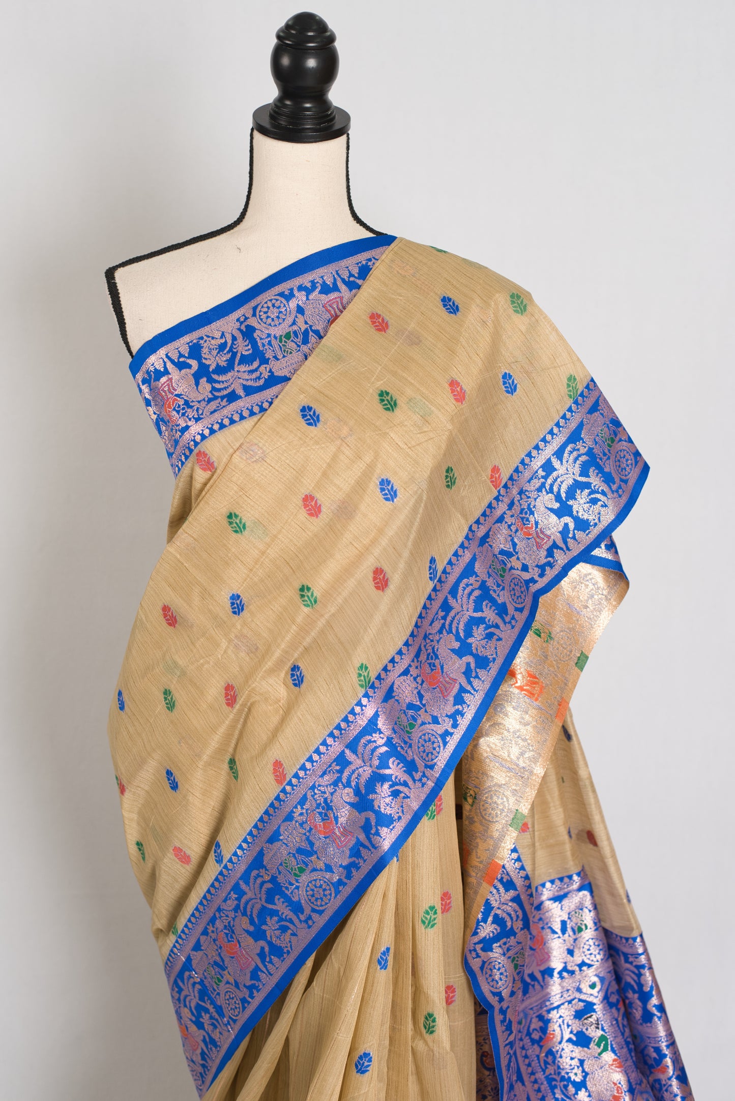 Bristi: Budget Friendly Blended Cotton Baluchari Saree in Beige and Blue image 5