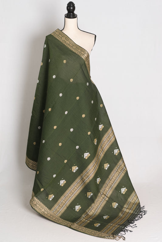 Mandira : Heena Green Pure Cotton Assamese Handloom Saree image 1