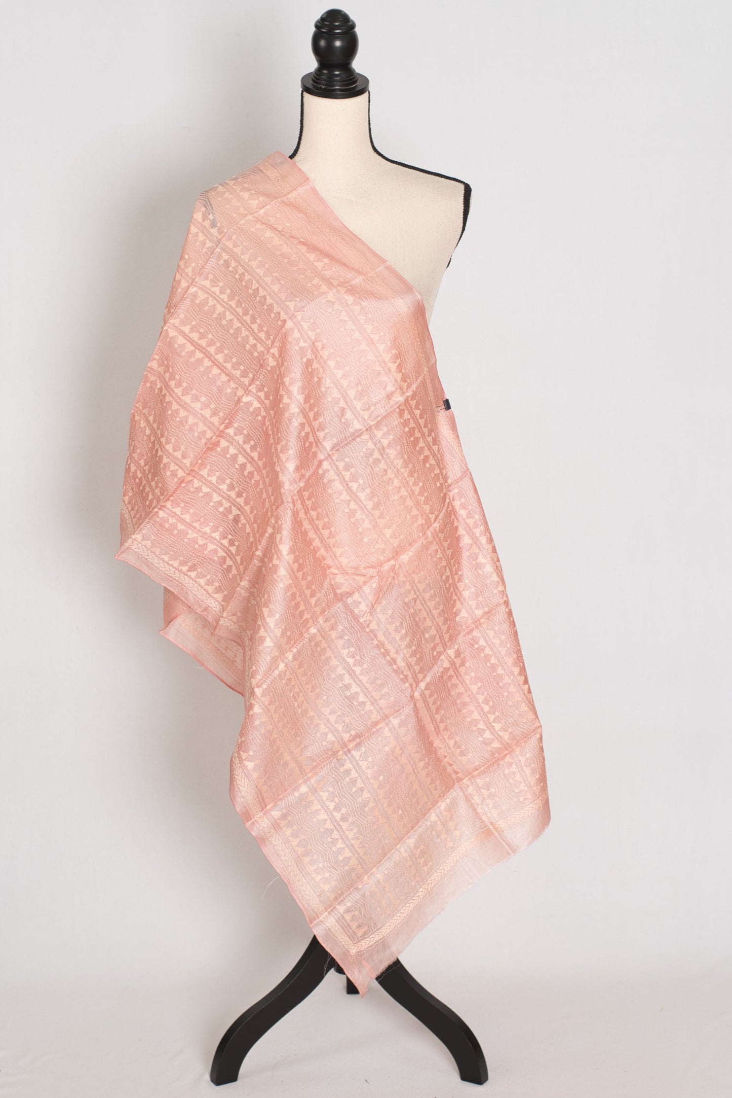 Benu : Tussar Silk Stole with Kantha Stitch – Pastel Peach Hand Embroidery image 2