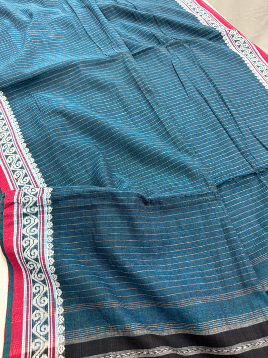 Neeltara : Blue and White Traditional Bengal Soft Cotton Dhaniakhali Saree image 0