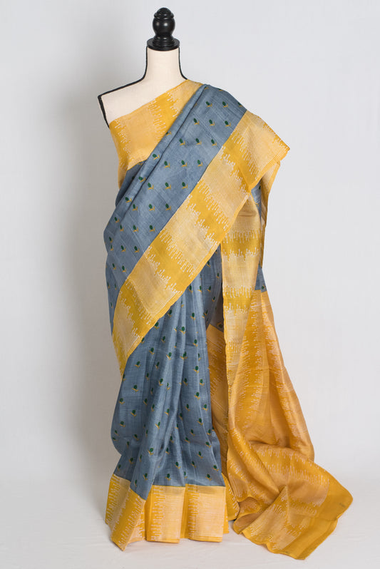 Sanj : Exclusive Hand Block Printed Bishnupur Silk Saree in Grey and Yellow image 0