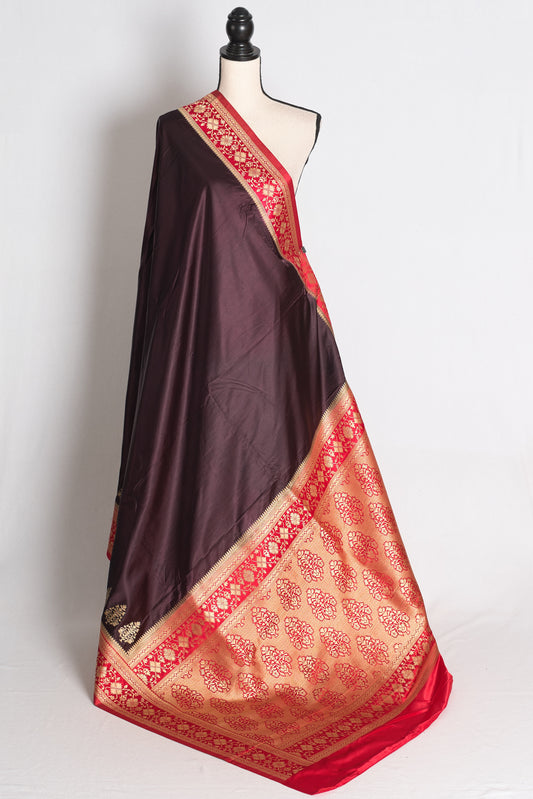 Neha: Coffee Brown and Red Semi Mashru Valkalam Banarasi Saree image 1