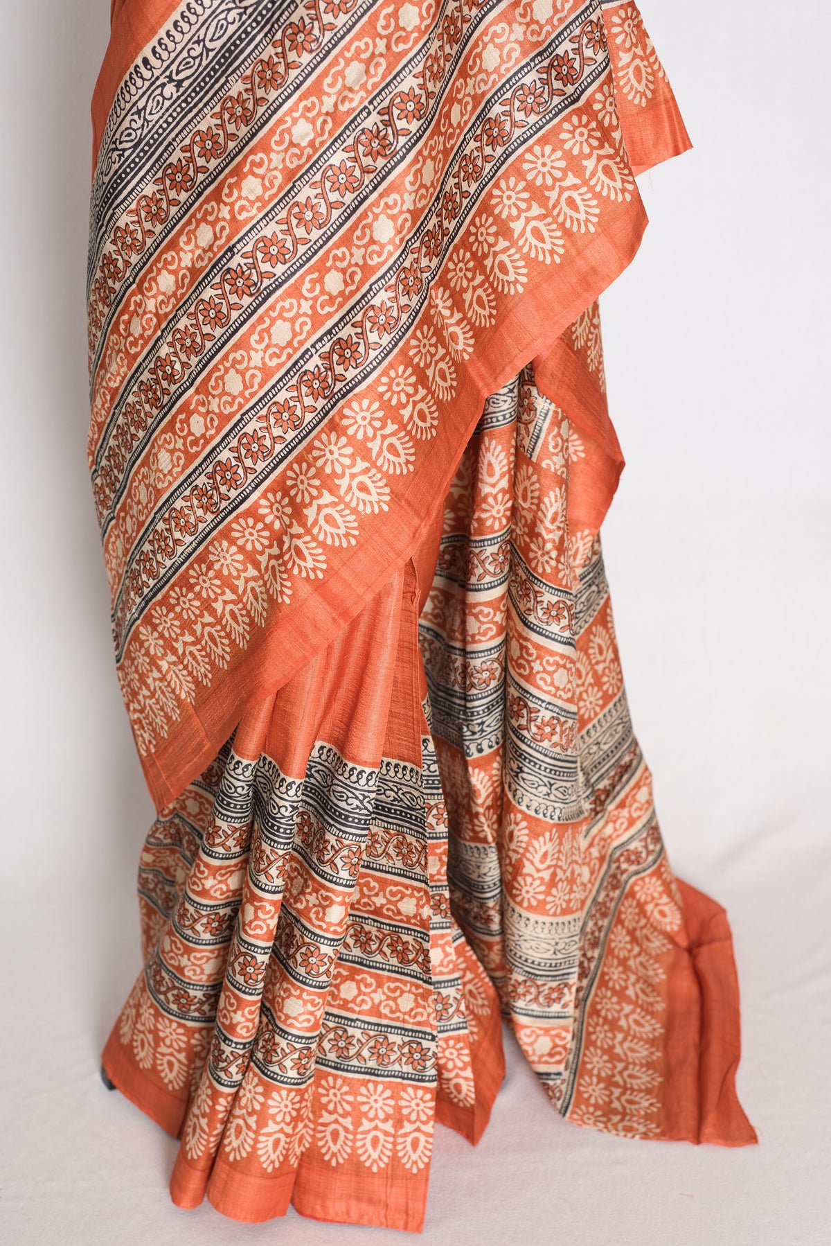 Indu : Orange Block Printed Pure Tussar Silk Saree with 38 Size Blouse image 7