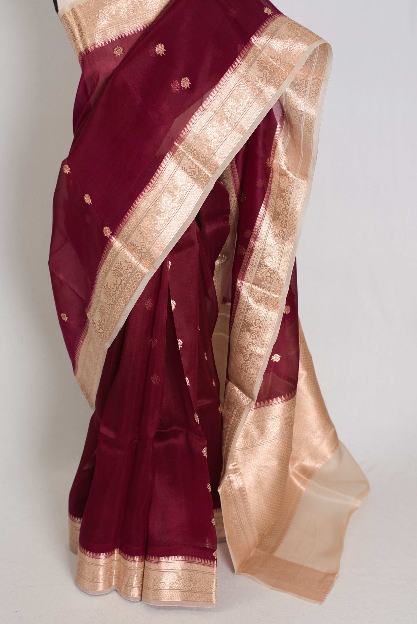Anuya : Silk Mark Certified Wine and Beige Organza Banarasi Saree image 6