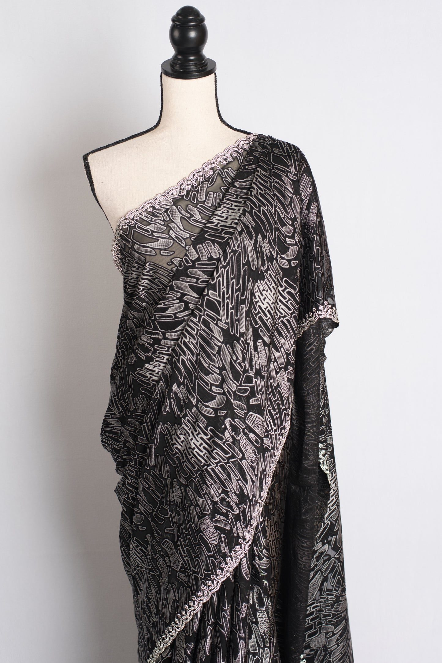 Charcoal Symphony - Designer Brasso Saree in Black and Grey image 5