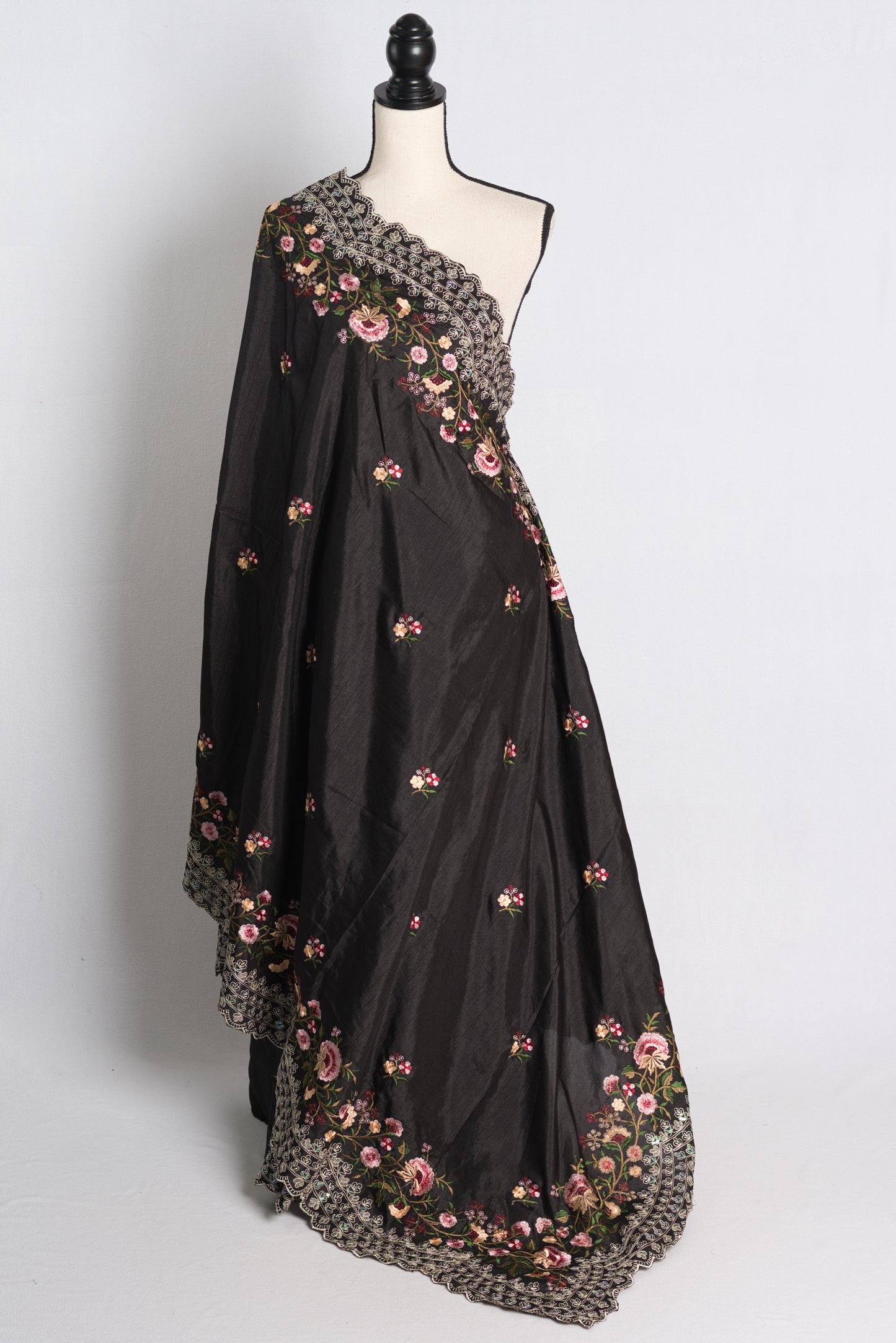 Machine Embroidery Semi Tussar Designer Saree in Black image 1