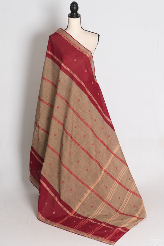 Rita: Brown and Dark Red Soft Cotton Dhaniakhali Saree image 1