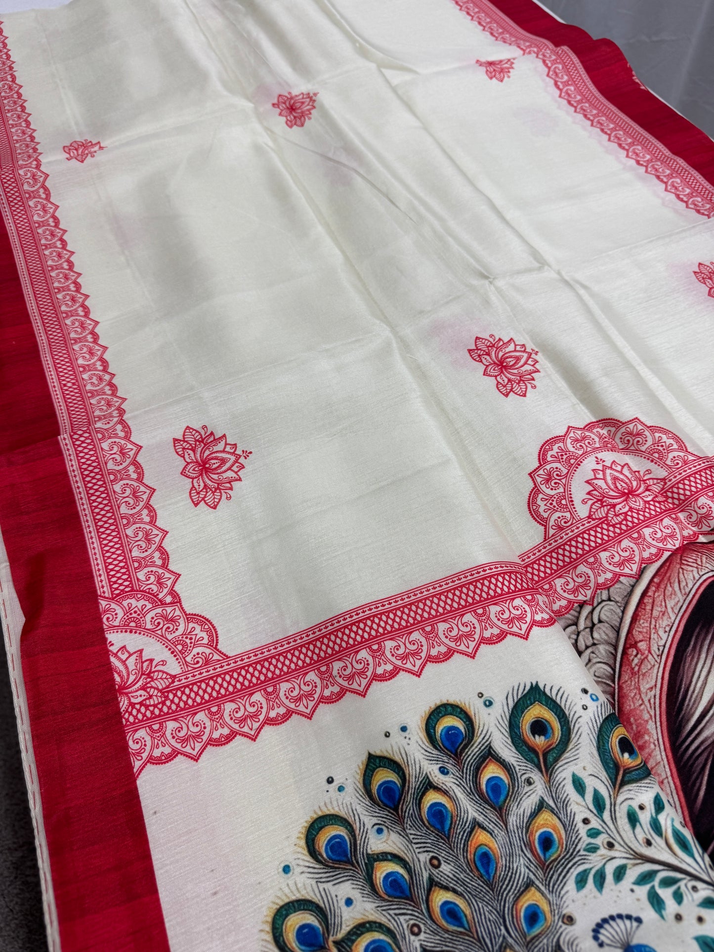 Durgaayana : Off-White and Red Semi Silk Printed Saree for Durga Puja image 3