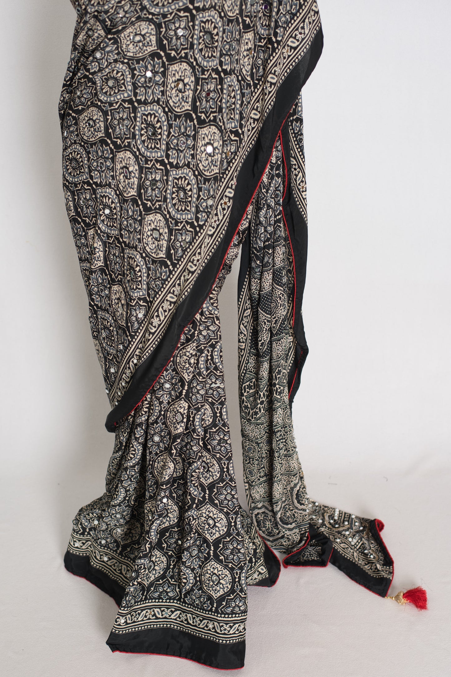 Ishq : Trending Black and Gray Semi Modal Silk Ajrakh Saree image 6