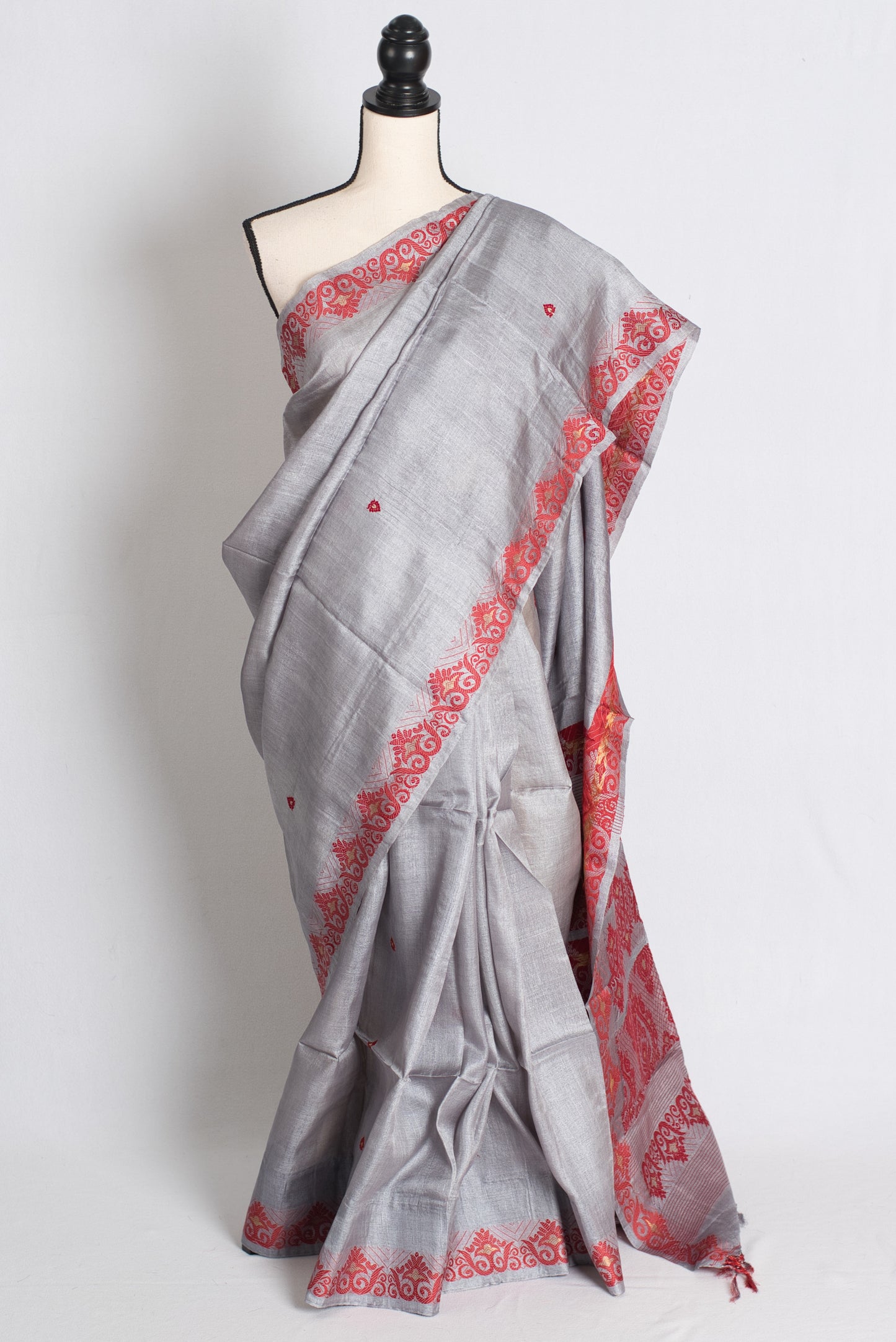 Meera : Bengal Tussar Silk Saree in Steel Gray and Red image 0