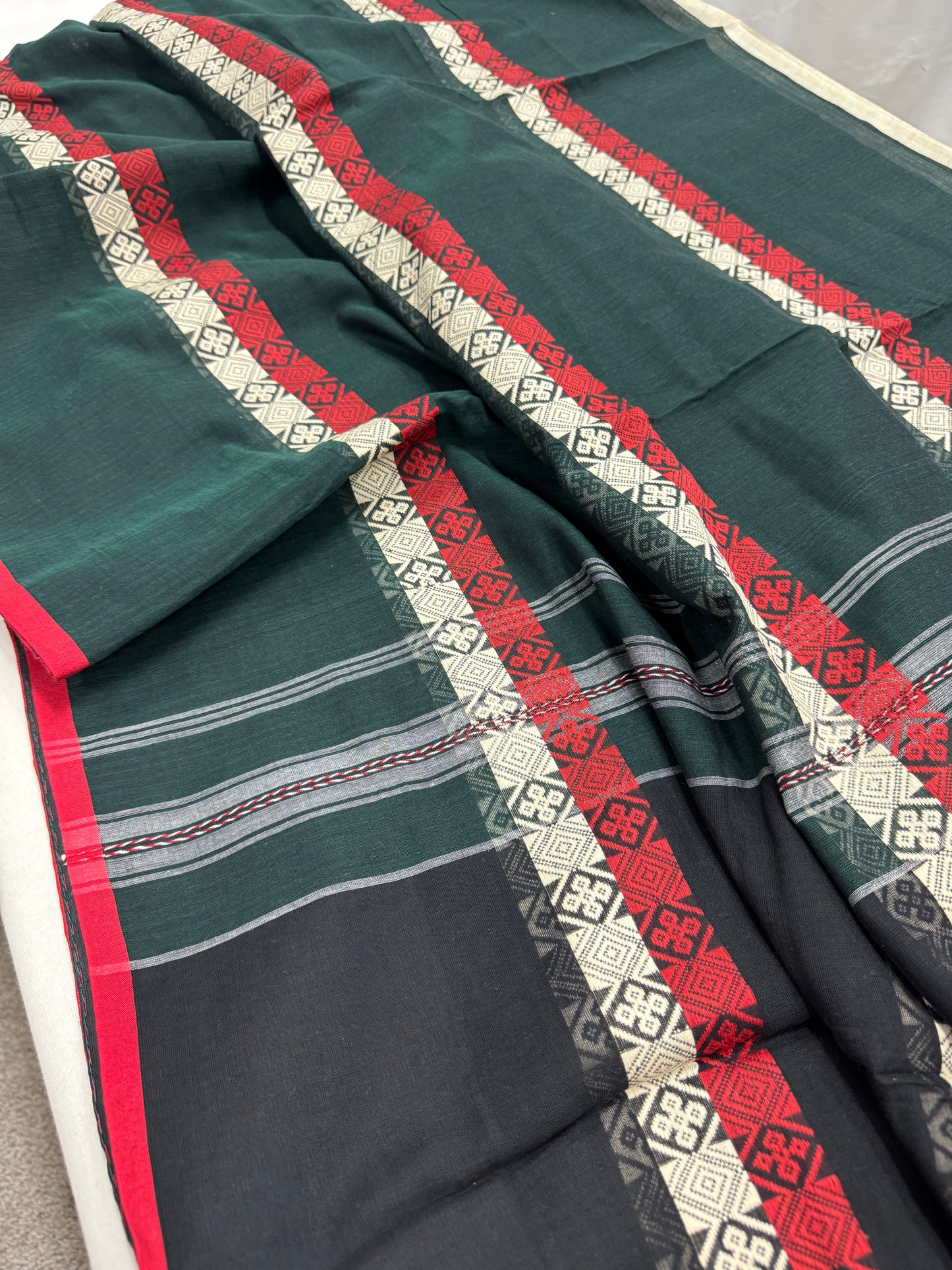 Meadow Melody : Green Horizontal Stripe Bengali Soft Cotton Dhanekhali Saree image 5