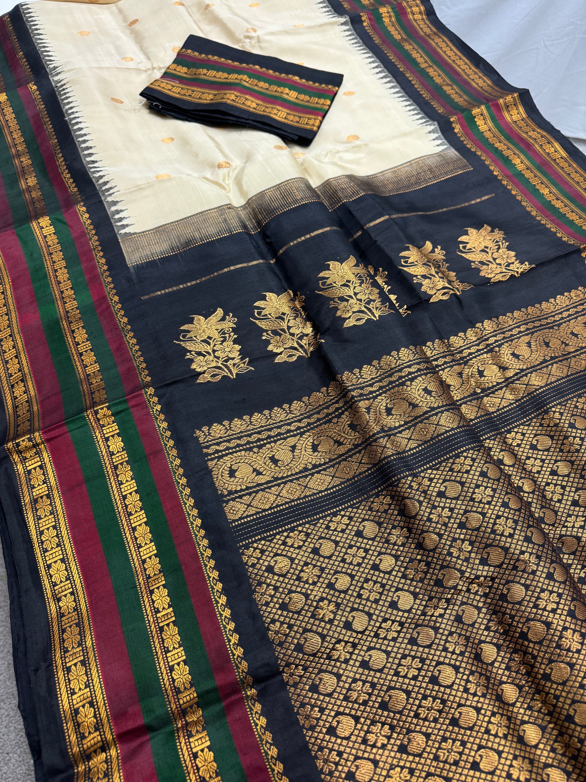 Charulata : Silk Mark Certified  Kanchi Gadwal Silk Saree in Rich Cream Color image 1