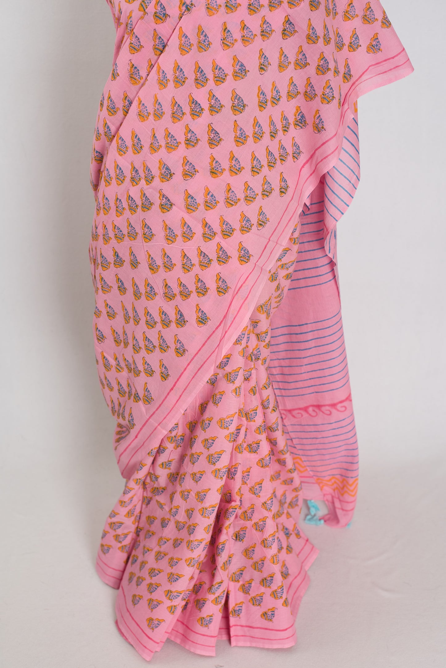 Sia: Pink Contemporary Fish Motif Mulmul Cotton Saree | Artistic Daily Wear image 6