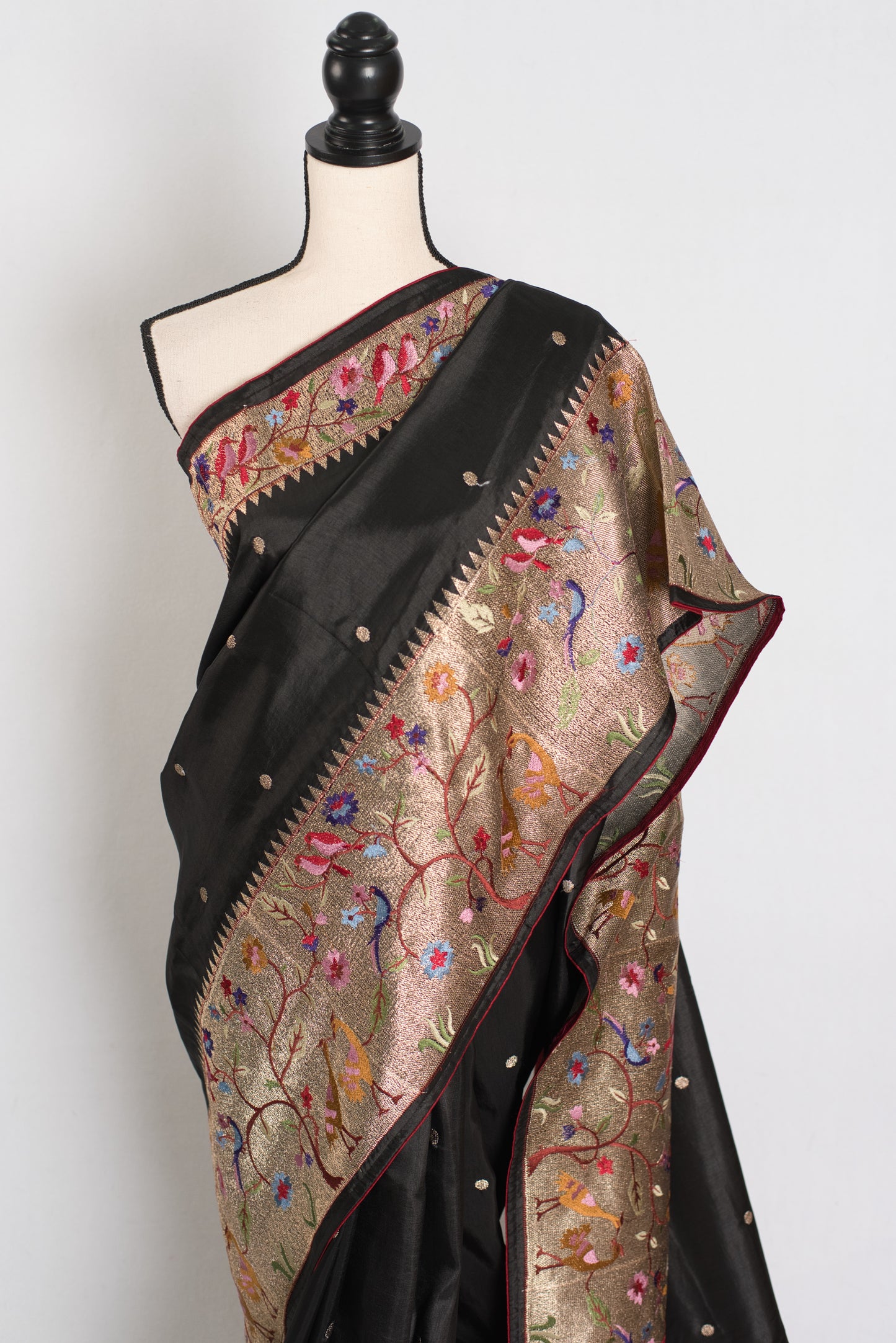 Brinda : Semi Tussar Silk Paithani Embroidered Black Designer Saree image 6