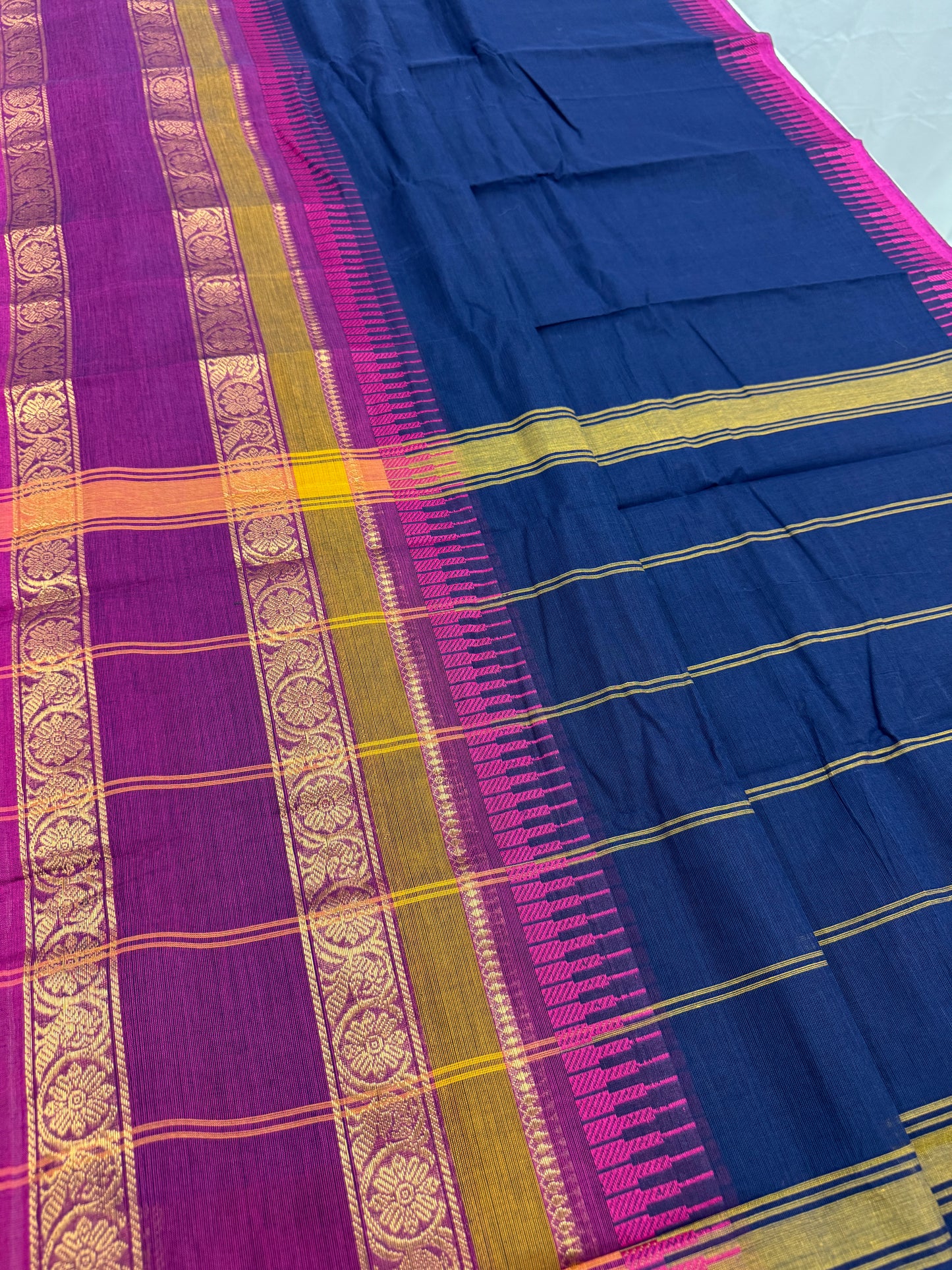 Meera : Handwoven Blue Cotton Kanjivaram Saree with Magenta Border image 4
