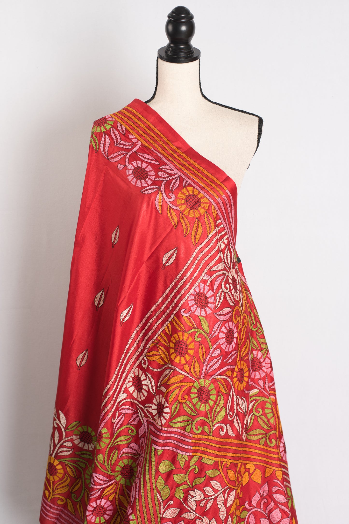 Agni Rekha - Red Blended Silk Hand Embroidered Kantha Stitch Saree image 4
