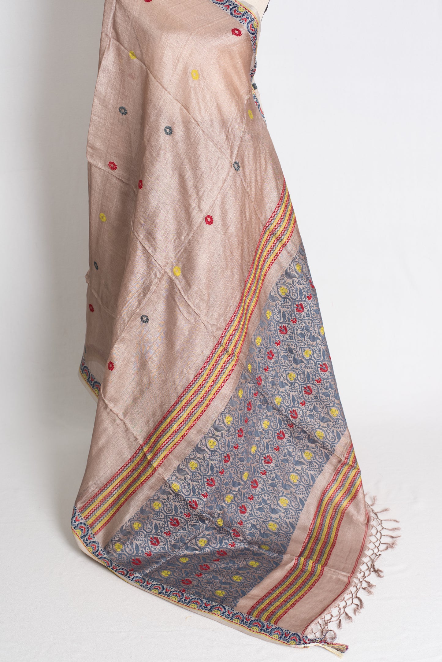 Charulata : Bengal Tussar Silk Saree in English Brown with Multicolour Buti image 3