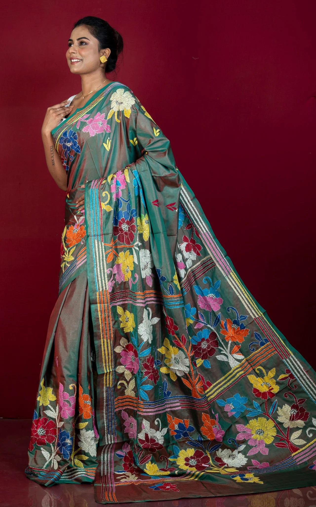Kantha Stitch Hand Embroidery on Blended Silk Saree - Bengali Saree.