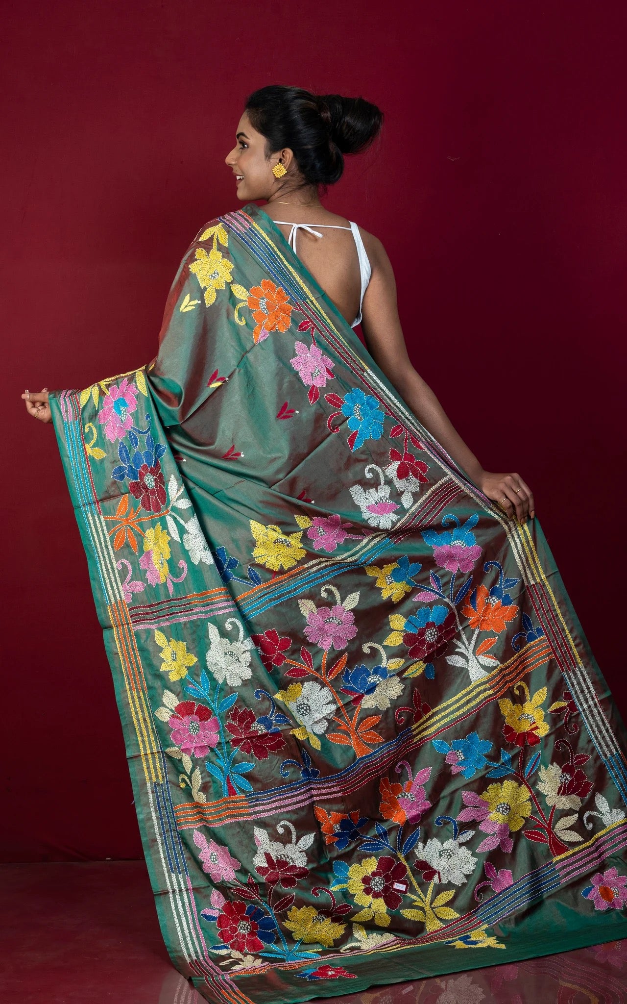 Kantha Stitch Hand Embroidery on Blended Silk Saree - Bengali Saree.