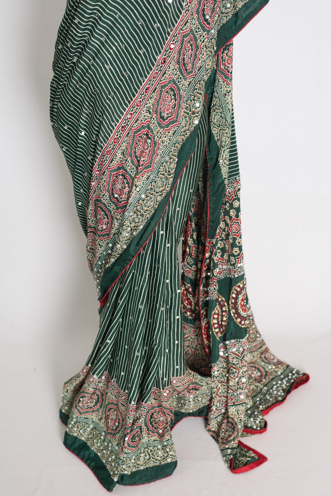 Heena – Deep Green Stripe Semi Modal Silk Ajrakh Saree with Mirror Embroidery - Saree Mandi
