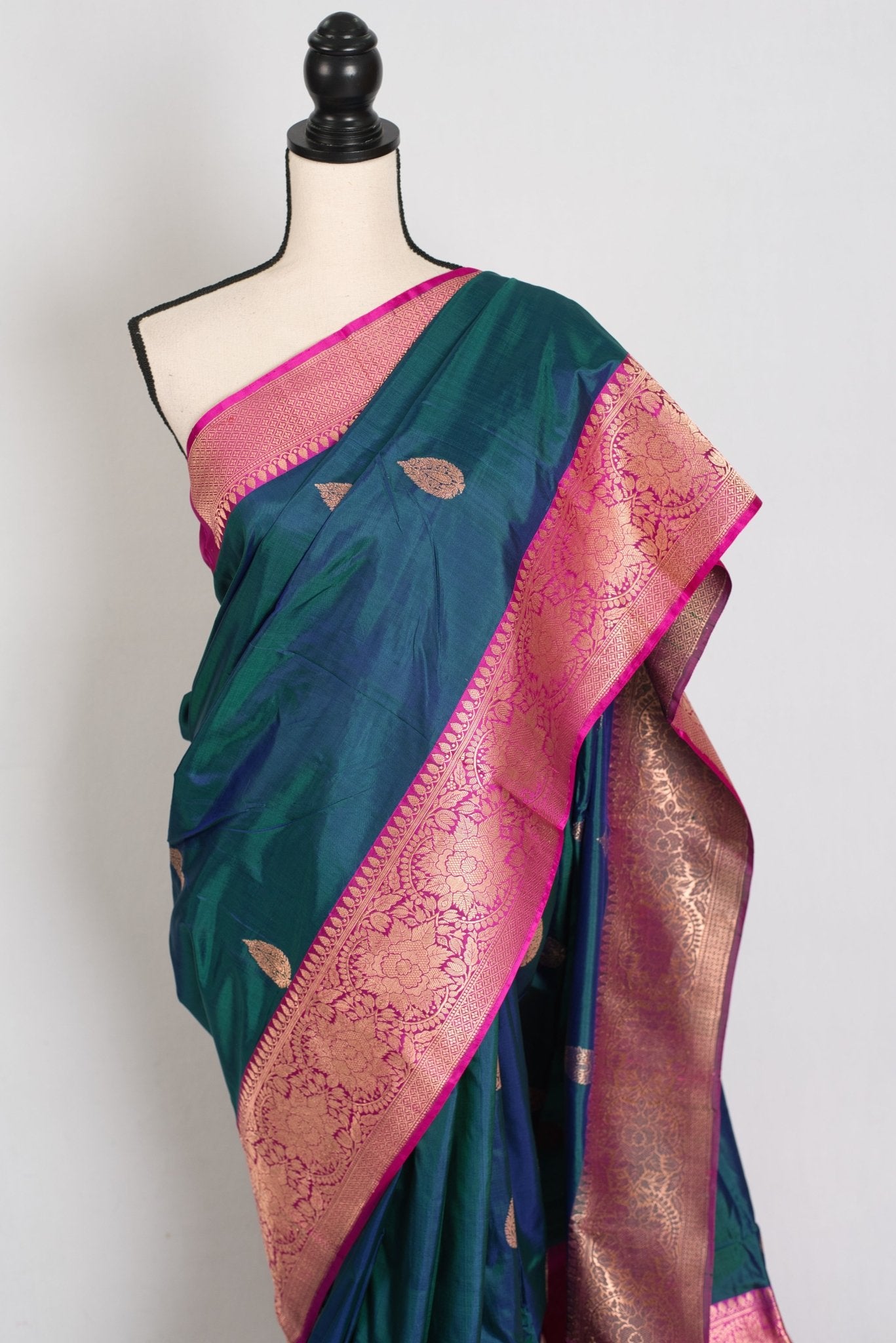 Jaya : Certified Silk Banarasi Saree in Peacock Green and Pink - Saree Mandi