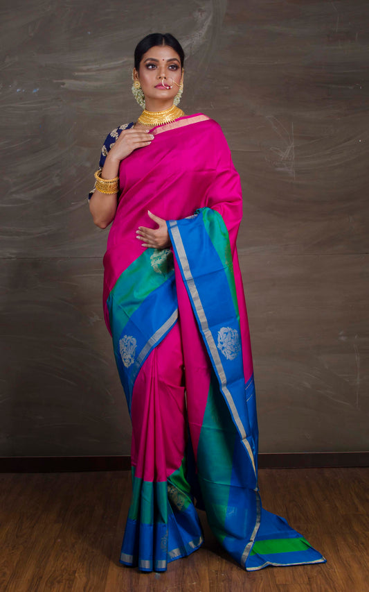 Exclusive Kanchipuram Silk Saree in Magenta, Blue and Rama Green.