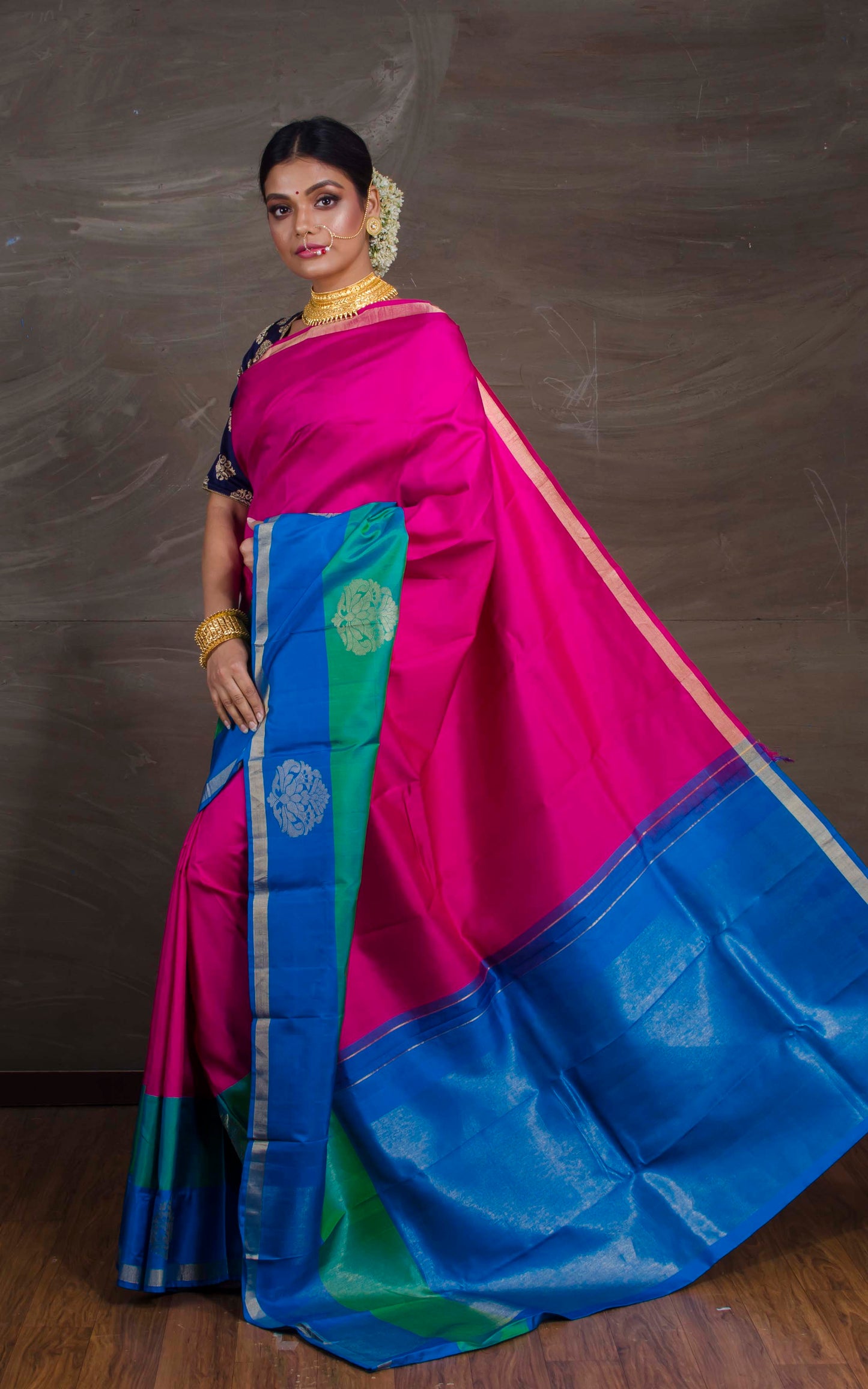 Exclusive Kanchipuram Silk Saree in Magenta, Blue and Rama Green.