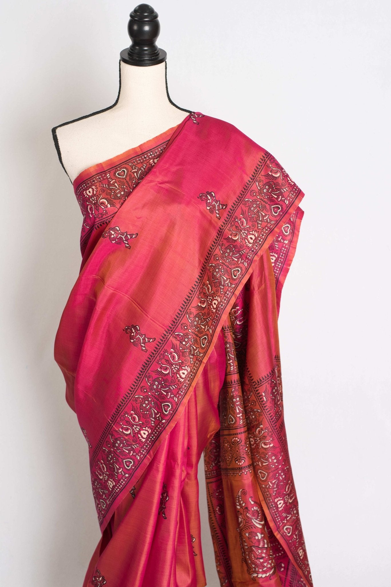 Kasturi : Bishnupur Katan Silk Printed Baluchari Saree in a Dual Shade of Pink - Saree Mandi