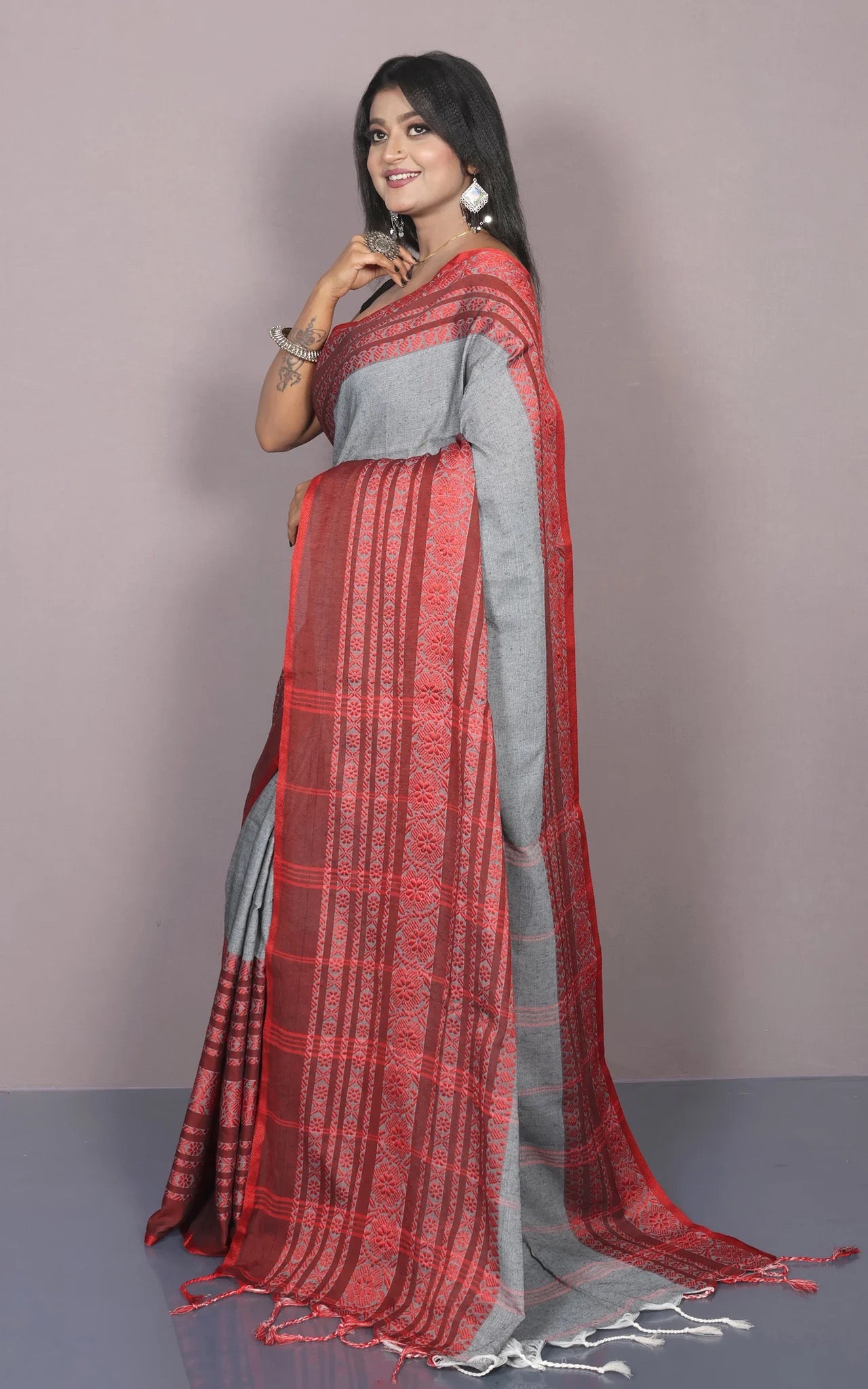 Grey and Rust Soft Cotton Saree - Bengali Saree Collection.