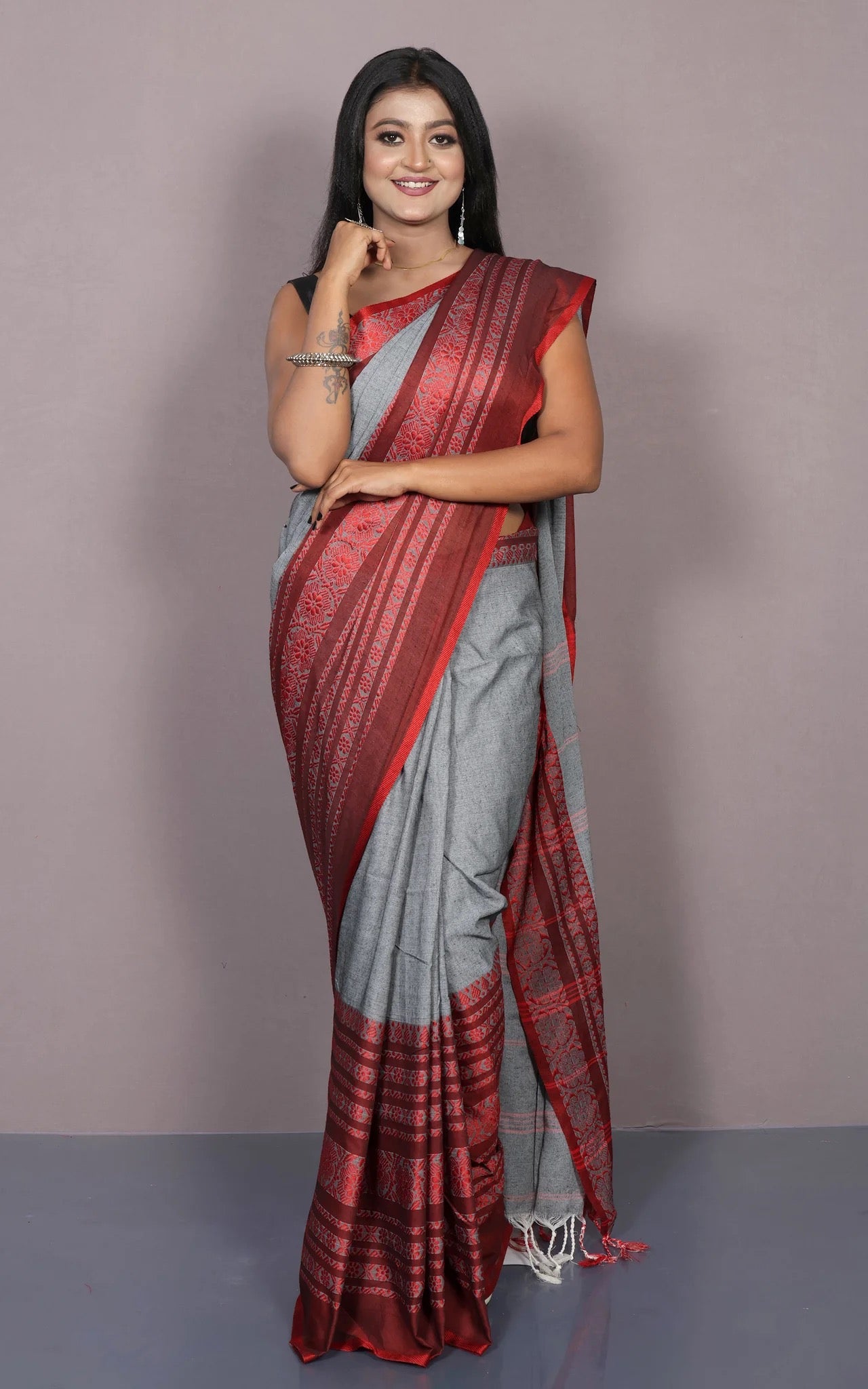 Grey and Rust Soft Cotton Saree - Bengali Saree Collection.